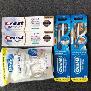 Crest Pro-Health Toothpaste:2 + Oral-B Toothbrush:2  + Oral-B Floss Picks:1 =5